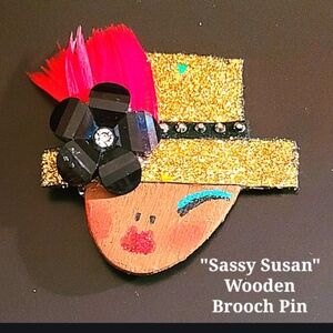 Fabulous One-Of-A-Kind  Brooch Pin! Lady with Sparkly Gold Hat and Feathers.